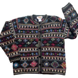 Talbots Vintage Hand Knit Flower Sweater Black Stripe PS Petite Small Cotton